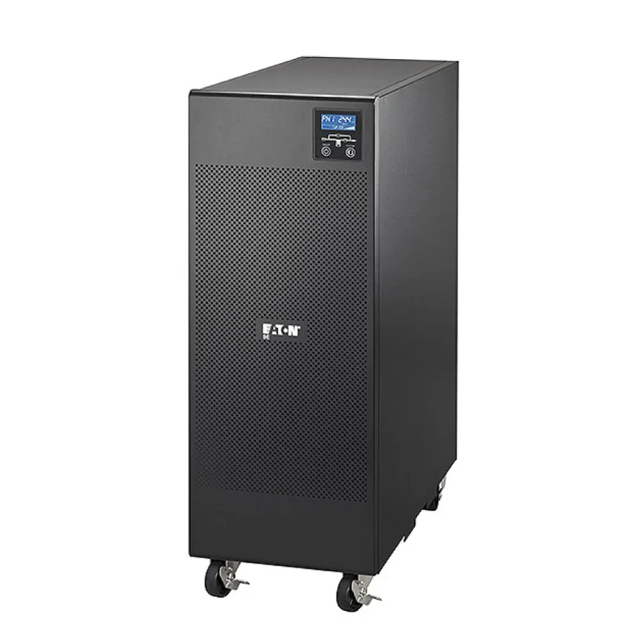 UPS Eaton DX en formato torre, con panel LCD frontal y ruedas de traslado
